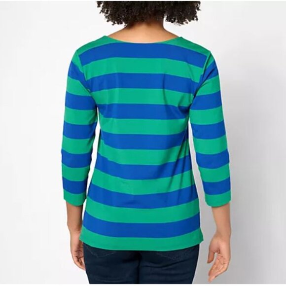 Isaac Mizrahi Live! Essentials Yarn Dye Stripe or Solid Top-Navy Strip, Medium - Picture 2 of 4
